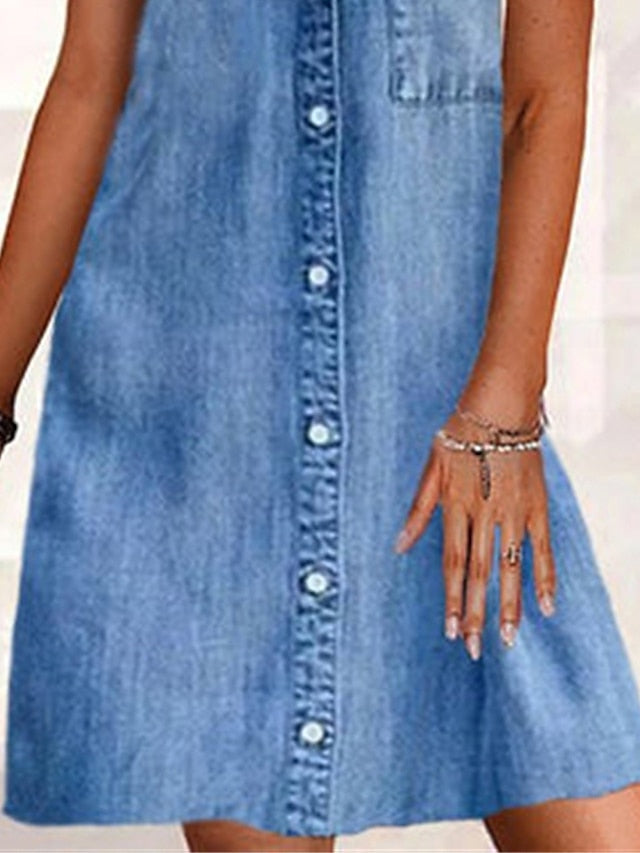 Women's Dress - Casual Dress Denim Shirt Dress Mini Dress Denim Modern Casual Outdoor Daily Shirt Collar Button Pocket Sleeveless Summer Spring 2023 Regular Fit Blue Plain S M L XL 2XL
