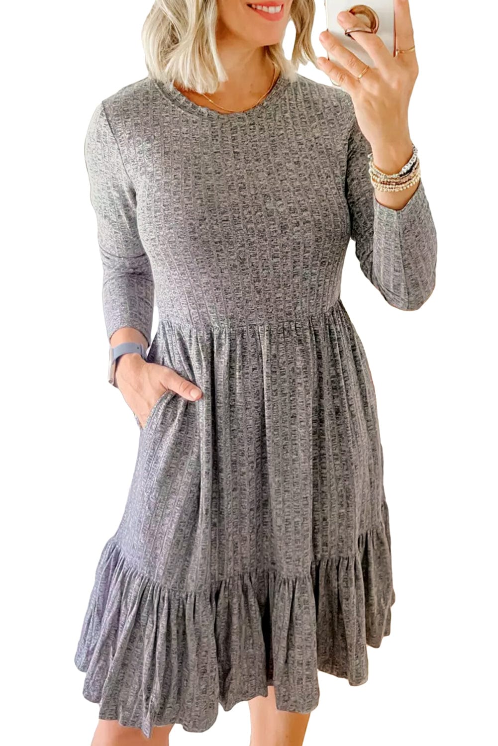 Textured Gray Ruffle Detail A-Line Midi Dress