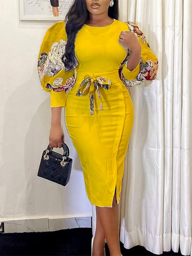 Women's Dress - Bodycon White Dress Modern Dress Midi Dress White Yellow Red 3/4 Length Sleeve Floral Patchwork Spring Fall Autumn Crew Neck Fashion Slim 2023 S M L XL 2XL 3XL