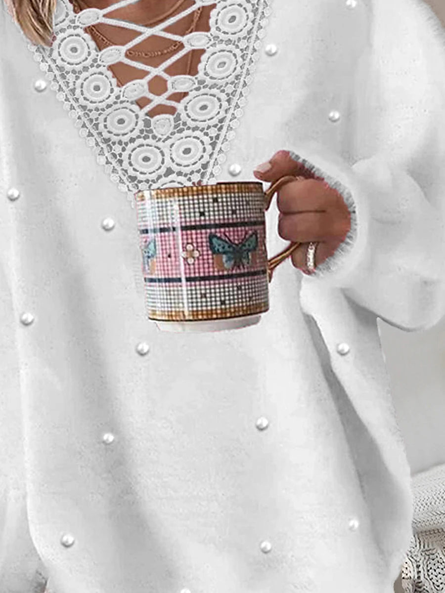 Women's Cardigan Sweater V Neck Fuzzy Knit Polyester Lace Trims Fall Winter Regular Outdoor Going out Weekend Stylish Casual Soft Long Sleeve Pure Color White Pink S M L