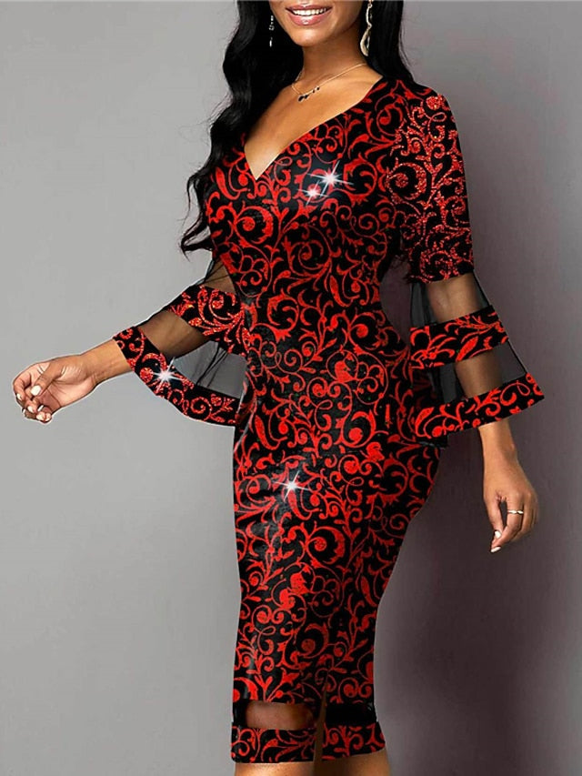 Women's Dress - Party Dress Bodycon Sheath Dress Midi Dress Red Green 3/4 Length Sleeve Floral Mesh Summer Spring V Neck Fashion Party Vacation 2023 S M L XL XXL