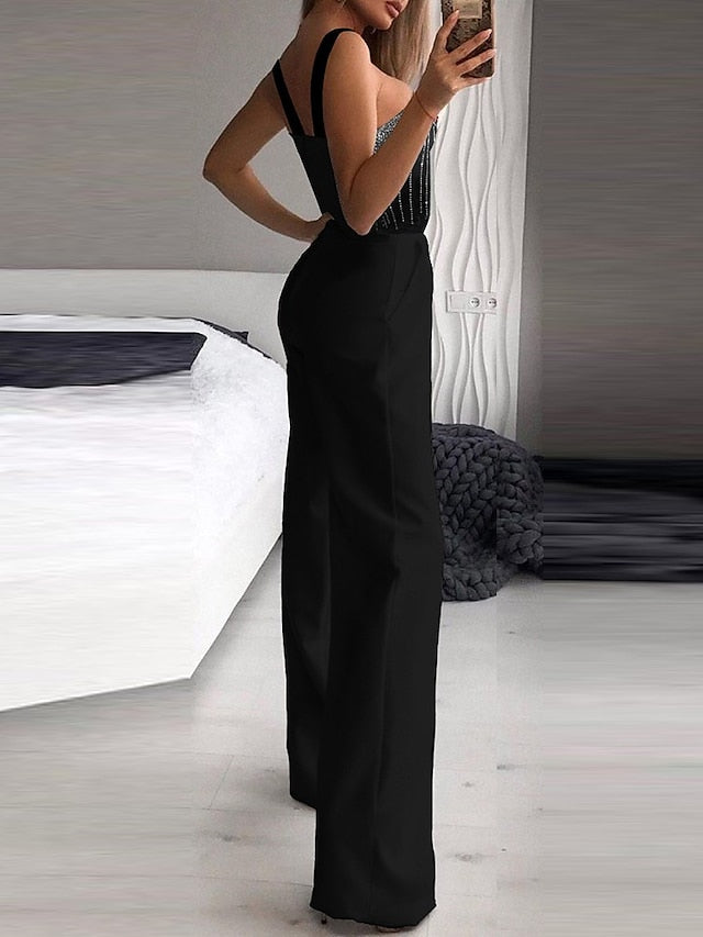 Women's Jumpsuit Pocket Beaded Polka Dot Crew Neck Elegant Party Going out Regular Fit Sleeveless Black S M L Spring - LuckyFash™