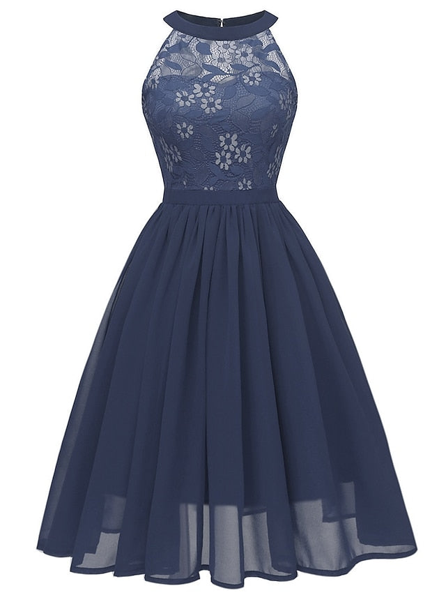 Women's Dress - Party Dress Wedding Guest Lace Dress A Line Dress Midi Dress Pink Wine Navy Blue Sleeveless Pure Color Lace Summer Spring Halter Party Slim 2023 S M L XL XXL