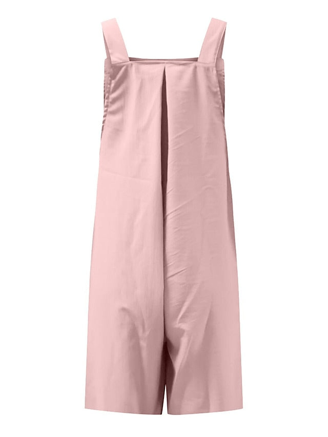 Jumpsuits for Women Summer Overall Pocket Solid Color Square Neck Basic Daily Vacation Regular Fit Sleeveless Black Yellow Pink S M L - LuckyFash™