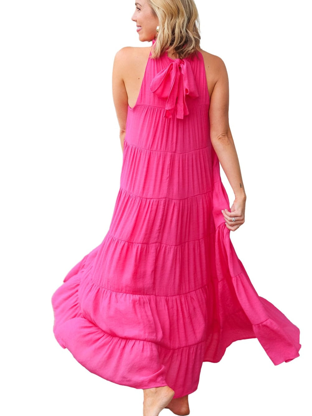 Tiered Rose Red Maxi Dress with High Frilled Neck