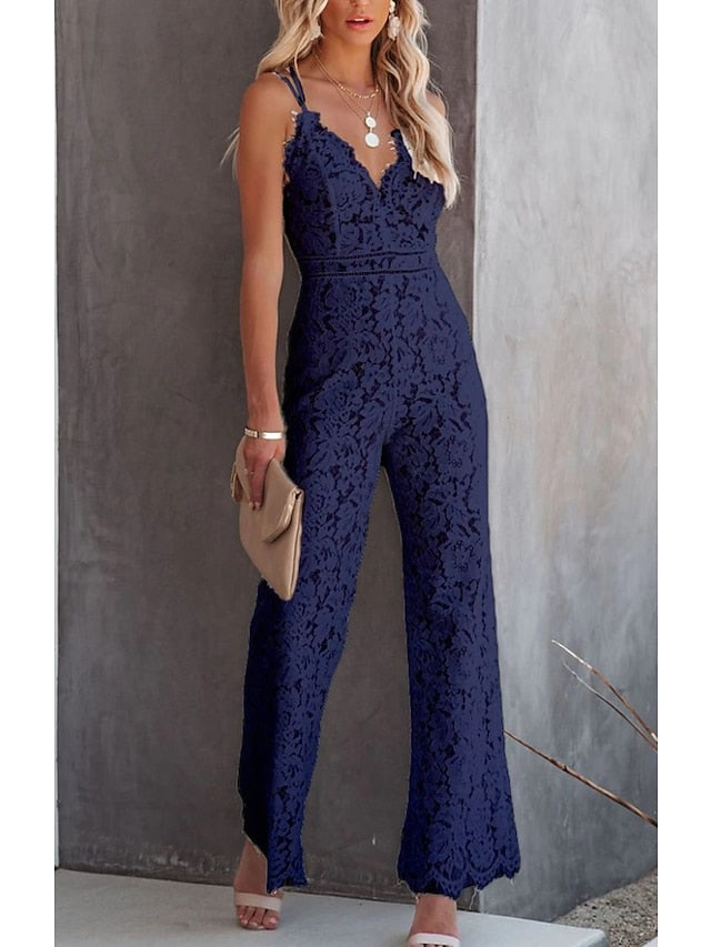 Women‘s Casual Party Street Holiday Deep V 2023 White Black Wine Jumpsuit Solid Color Zipper - LuckyFash™
