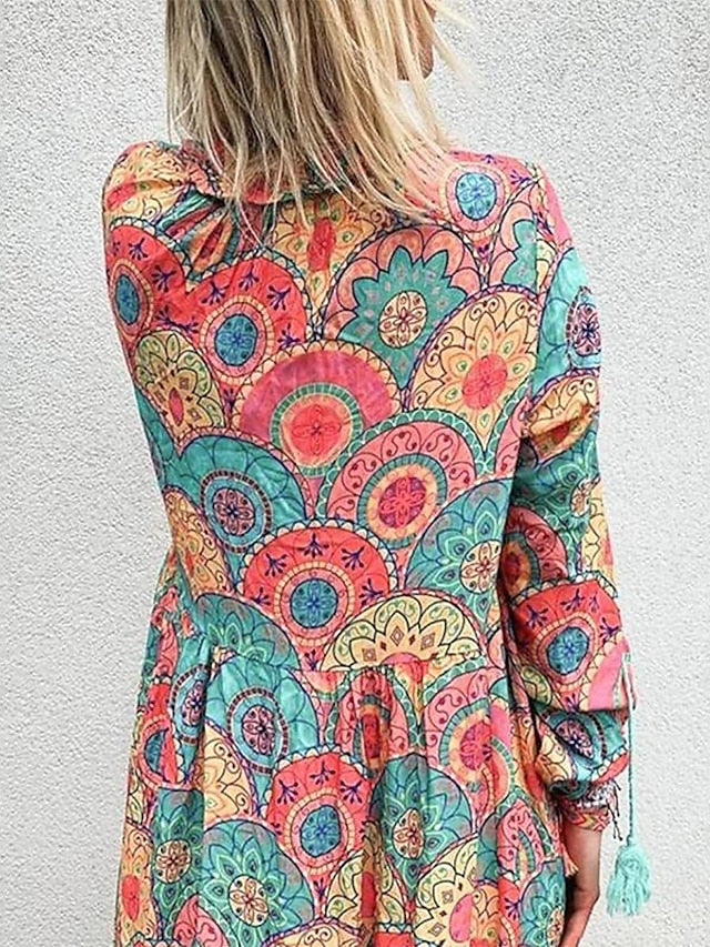 Women's Dress - Swing Dress Maxi long Dress Rainbow Long Sleeve Print Patchwork Fall Spring V Neck Casual Vacation Boho 2022 S M L XL XXL