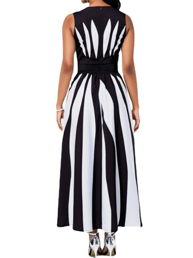 Women's Dress - Striped Casual Dress Swing Dress Long Dress Maxi Dress White Sleeveless Pocket Spring Summer Crew Neck Weekend Loose Fit 2023 S M L XL XXL 3XL 4XL 5XL