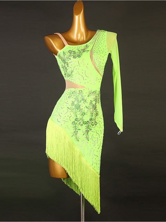 Latin Dance Dress Tassel Split Joint Crystals / Rhinestones Women's Performance Training Long Sleeve Chinlon Mesh - LuckyFash™