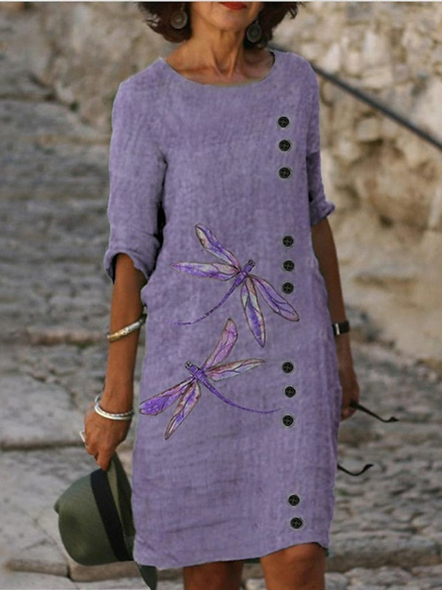 Women's Dress - Casual Dress Shift Dress Midi Dress Purple Green Light Blue Half Sleeve Animal Print Summer Spring Crew Neck Basic Office Daily Vacation Loose Fit 2023 S M L XL XXL 3XL 4XL 5XL