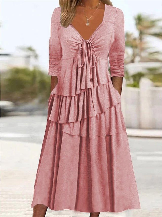 Women's Dress - Casual Dress Summer Dress Loose Dress Plain Ruched Twist V Neck Midi Dress Fashion Basic Outdoor Daily Long Sleeve Loose Fit Light Green Pink Wine Summer Spring S M L XL XXL
