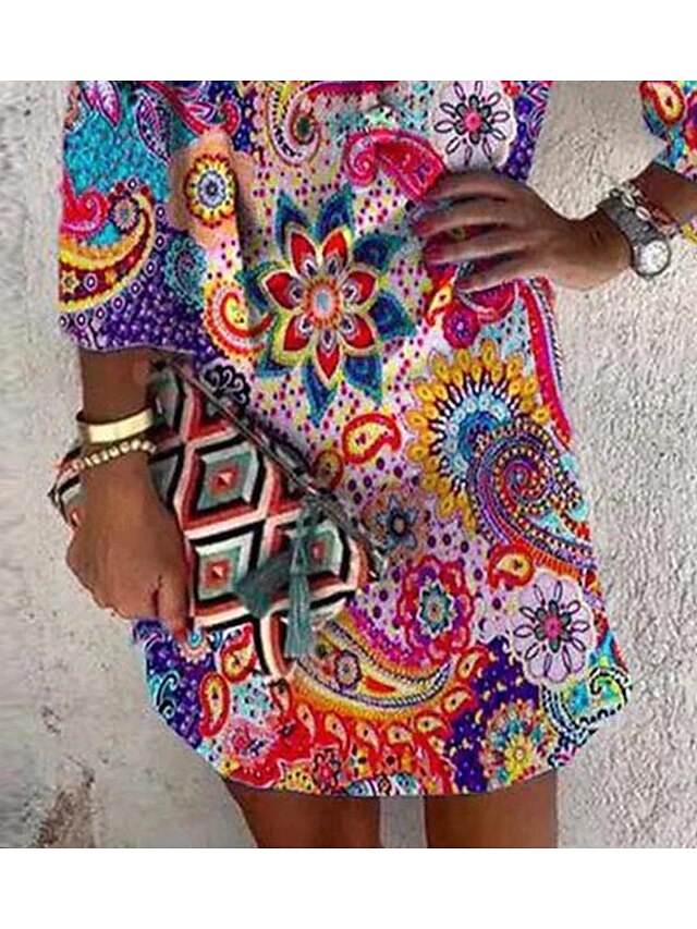 Women's Dress - Casual Dress Ethnic Dress Mini Dress Red 3/4 Length Sleeve Floral Print Summer Spring Fall V Neck Casual Weekend 2023 S M L XL XXL 3XL