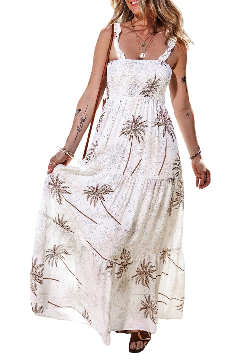Tropical Bliss White Smocked Ruffle Strap Maxi Dress