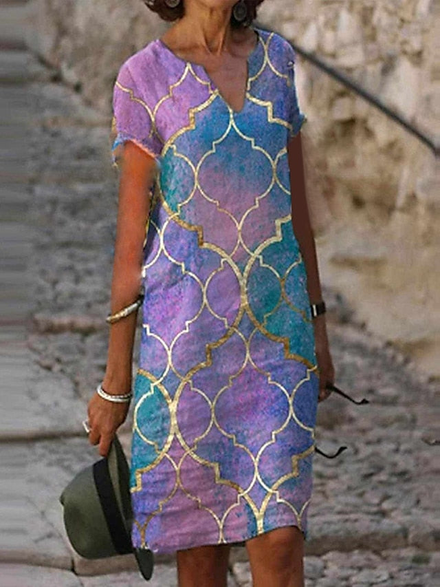 Women's Dress - Casual Dress Midi Dress Black Lavender Fuchsia Short Sleeve Print Print Spring Summer V Neck Casual S M L XL XXL 3XL