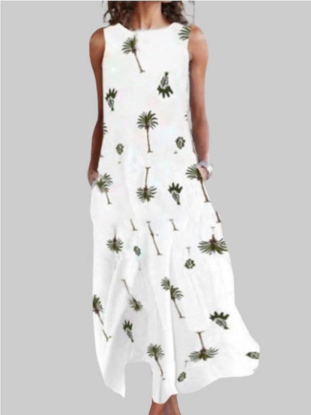 Women's Dress - White Dress A Line Dress Long Dress Maxi Dress Daisy Yellow Leaves white Butterfly white Sleeveless Floral Pocket Summer Spring Crew Neck Casual 2023 S M L XL XXL 3XL 4XL