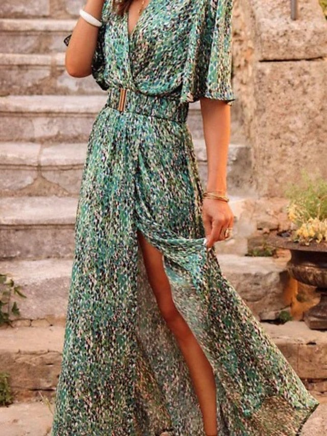 Women's Dress - Long Dress Maxi Dress Casual Dress Floral Dress Boho Dress Floral Casual Outdoor Daily Going out Lace up Split Long Sleeve V Neck Dress Loose Fit Black Red Green Fall Spring S M L XL XXL