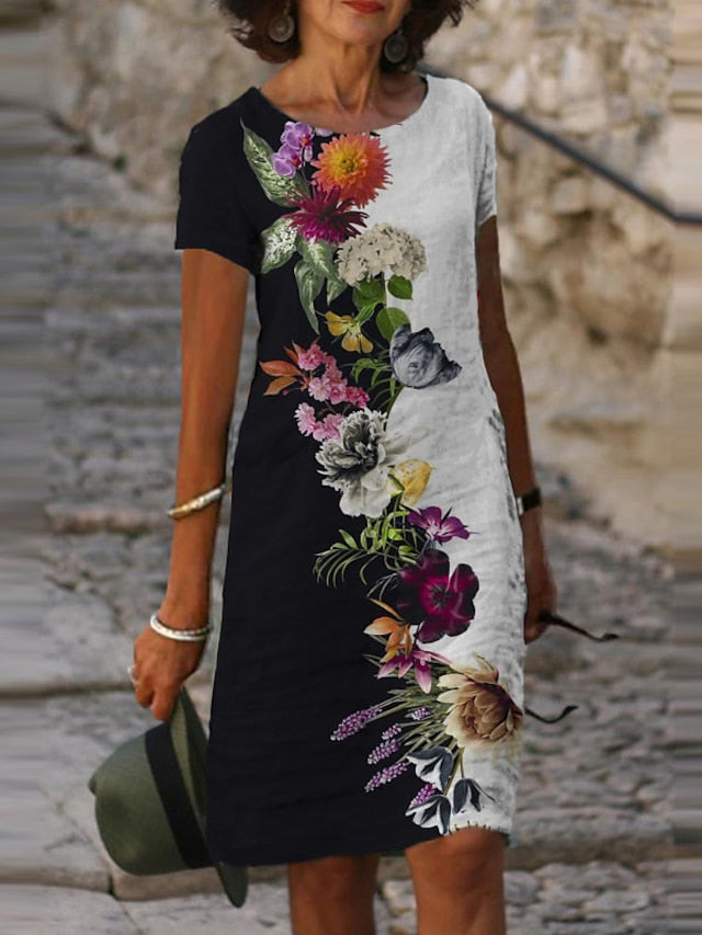 Women's Dress - Casual Dress Shift Dress Mini Dress Black White Purple Short Sleeve Leaf Print Summer Spring Crew Neck Fashion Vacation Summer Dress Spring Dress 2023 S M L XL XXL 3XL