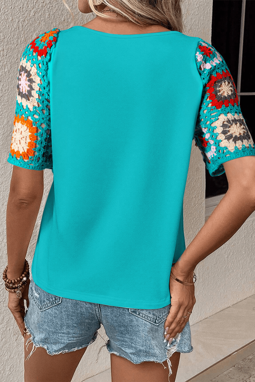 Turquoise Crochet Floral Short Sleeve Blouse