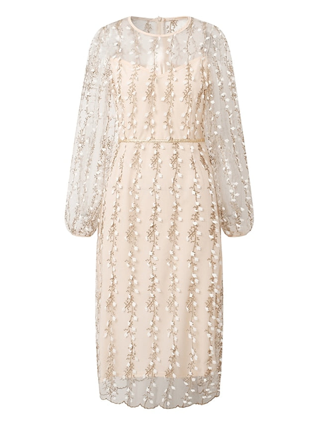 Women's Dress - Party Dress Lace Dress Sheath Dress Knee Length Dress White Long Sleeve Pure Color Lace Winter Fall Spring Crew Neck Elegant Winter Dress Birthday Wedding Guest 2023 S M L XL
