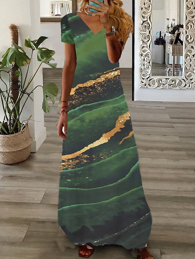 Women's Dress - Long Dress Maxi Dress Casual Dress Print Dress Graphic Marbling Fashion Modern Daily Holiday Vacation Print Short Sleeve V Neck Dress Regular Fit White Yellow Light Green Summer Spring XS S M
