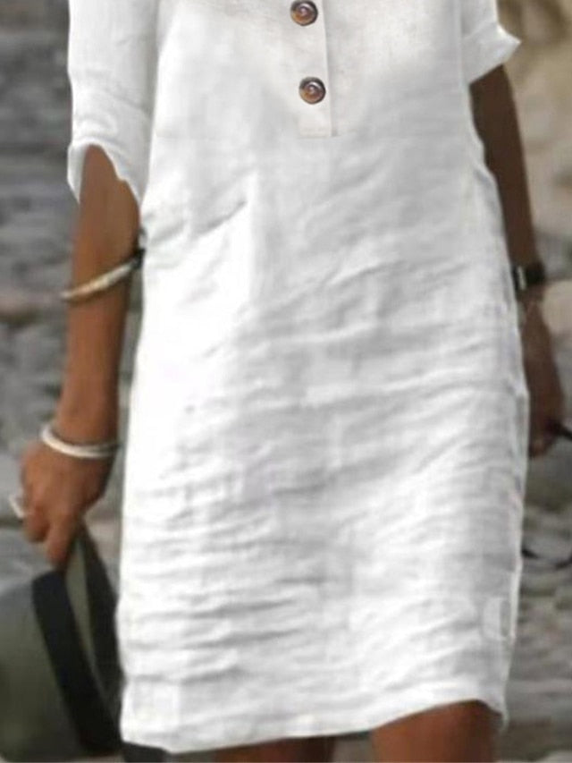 Women's Dress - Cotton Linen Dress Casual Dress Shift Dress Midi Dress Cotton Blend Fashion Modern Outdoor Daily Vacation Shirt Collar Button Half Sleeve Summer Spring 2023 Regular Fit White Blue Green Plain