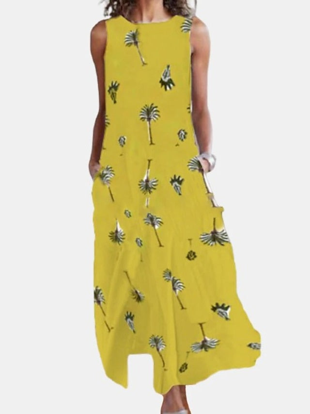 Women's Dress - White Dress A Line Dress Long Dress Maxi Dress Daisy Yellow Leaves white Butterfly white Sleeveless Floral Pocket Summer Spring Crew Neck Casual 2023 S M L XL XXL 3XL 4XL