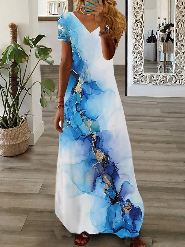Women's Dress - Long Dress Maxi Dress Casual Dress Print Dress Graphic Marbling Fashion Modern Daily Holiday Vacation Print Short Sleeve V Neck Dress Regular Fit White Yellow Light Green Summer Spring XS S M