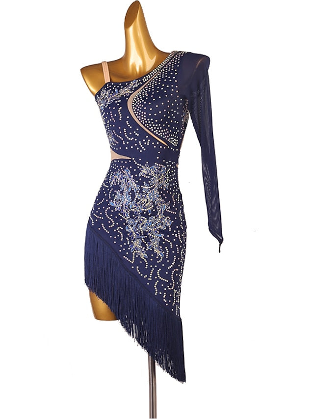 Latin Dance Dress Tassel Split Joint Crystals / Rhinestones Women's Performance Training Long Sleeve Chinlon Mesh - LuckyFash™