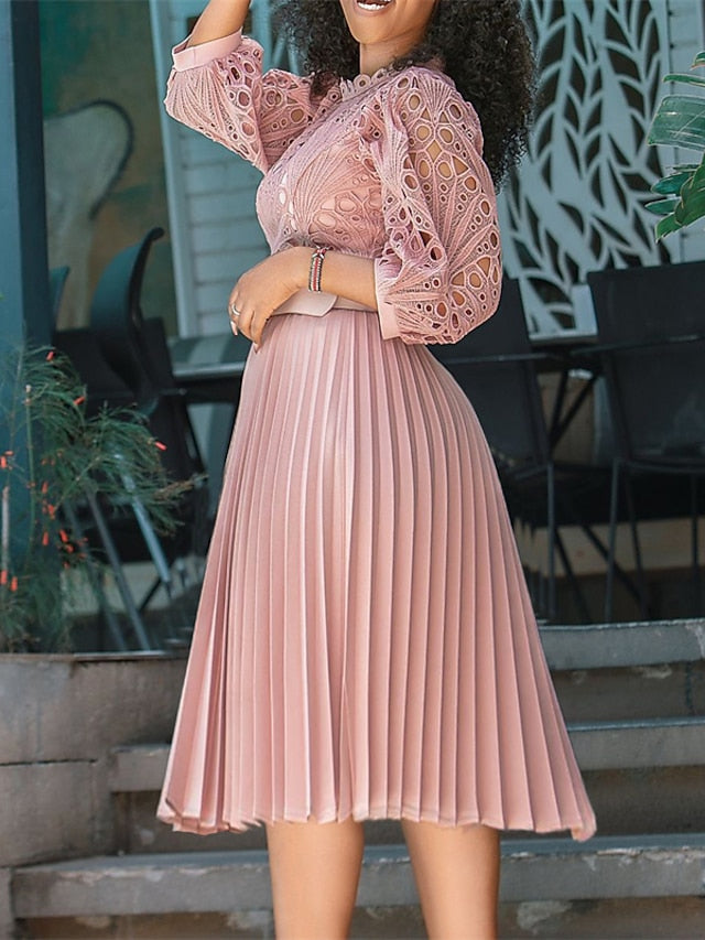 Women's Dress - Sheath Dress Church Dress Knee Length Dress Black White Pink Long Sleeve Pure Color Pleated Summer Spring Crew Neck Fashion Winter Dress Fall Dress 2023 S M L XL XXL 3XL 3XL