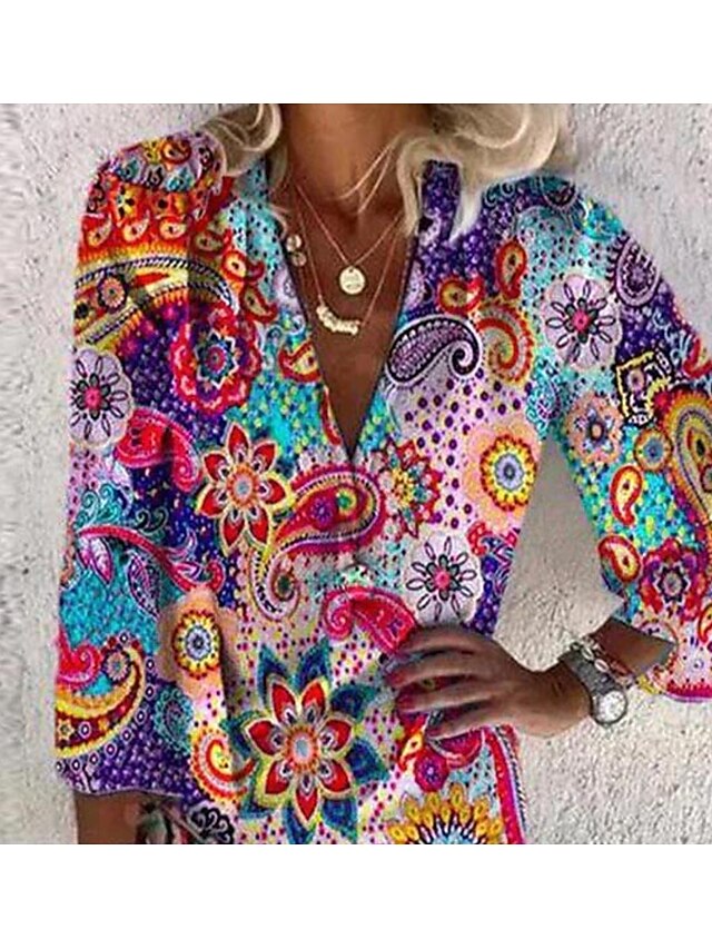 Women's Dress - Casual Dress Ethnic Dress Mini Dress Red 3/4 Length Sleeve Floral Print Summer Spring Fall V Neck Casual Weekend 2023 S M L XL XXL 3XL