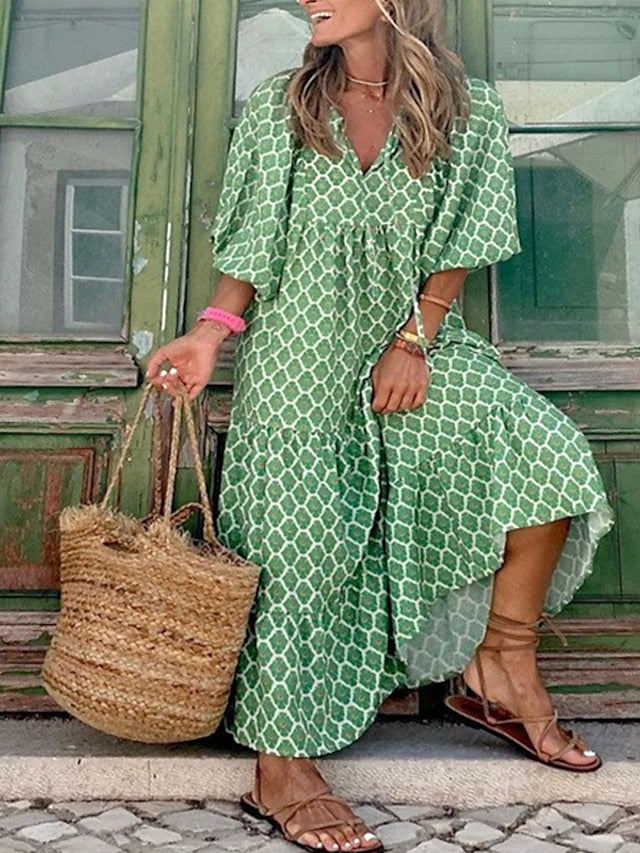 Women's Dress - Casual Dress Swing Dress Long Dress Maxi Dress Wine Blue Dark Green 3/4 Length Sleeve Floral Print Summer Spring Fall V Neck Fashion Vacation Fall Dress Summer Dress Regular Fit 2023 S M L XL