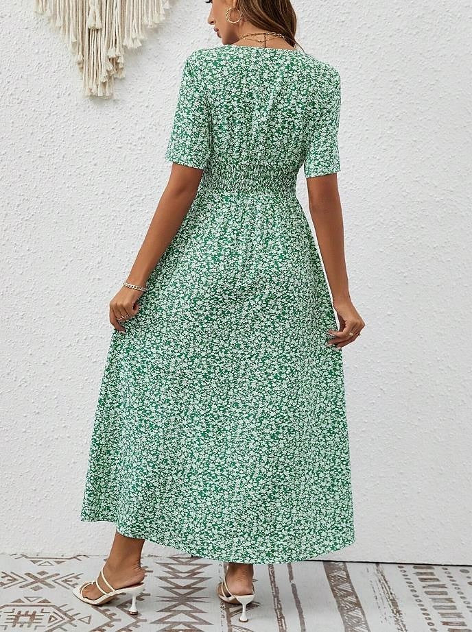 Women's Floral Maxi Dress Green Chiffon A Line Dress Tiered V Neck Hawaiian BeachVacation Short Sleeve Button Summer