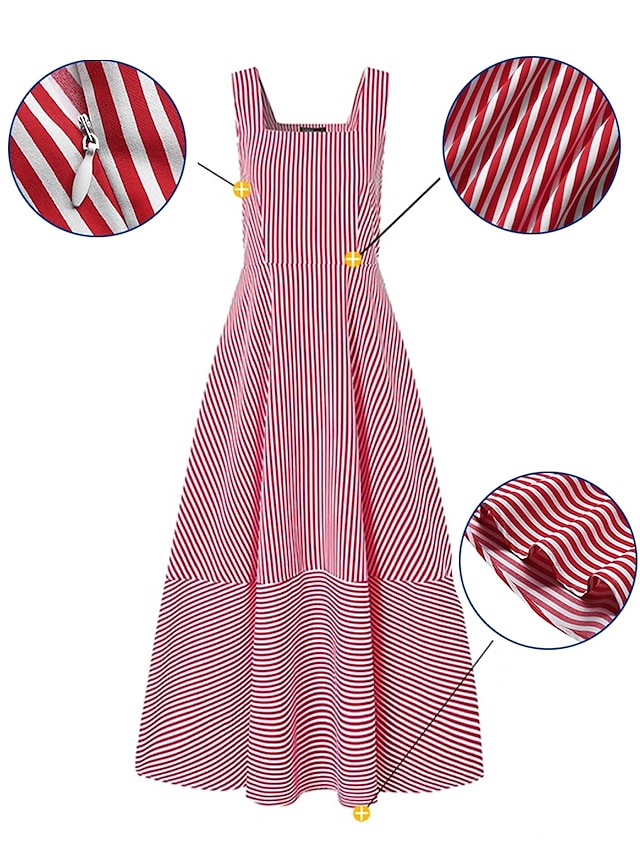 Women's Dress - Long Dress Maxi Dress Casual Dress Swing Dress A Line Dress Striped Basic Fashion Holiday Vacation Going out Ruffle Print Sleeveless Square Neck Dress Regular Fit Black Red Blue Spring Summer