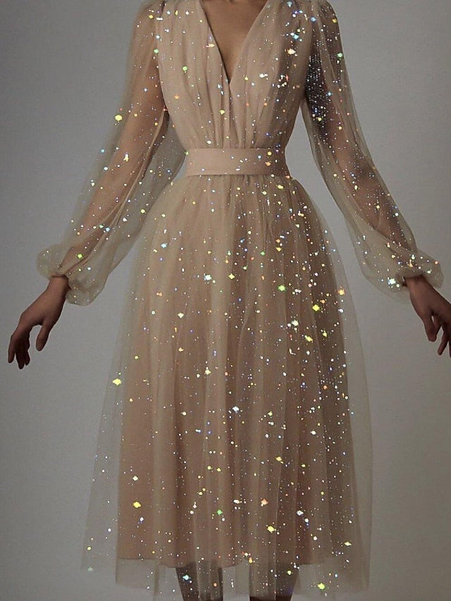 Women's Dress - Party Dress Wedding Guest Swing Dress Midi Dress Pink Short Sleeve Pure Color Sequins Mesh Spring Fall V Neck Hot Elegant Romantic Party 2023 S M L XL