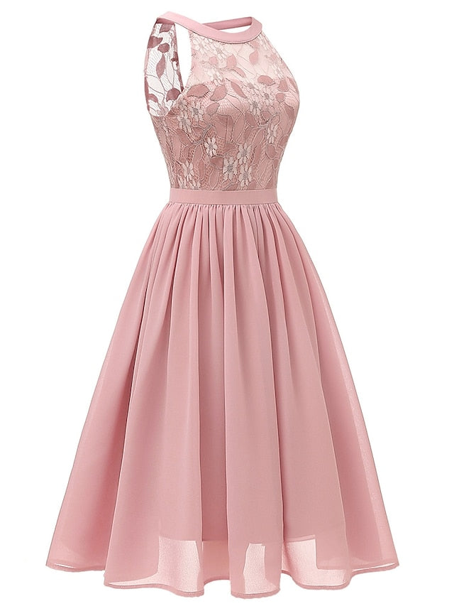 Women's Dress - Party Dress Wedding Guest Lace Dress A Line Dress Midi Dress Pink Wine Navy Blue Sleeveless Pure Color Lace Summer Spring Halter Party Slim 2023 S M L XL XXL