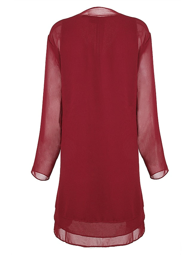 Women's Dress - Dress Set Two Piece Dress Church Dress Midi Dress Light Pink Black Wine Long Sleeve Pure Color Chiffon Summer Spring Crew Neck Stylish Winter Dress Fall Dress 2023 XL XXL 3XL 4XL 5XL