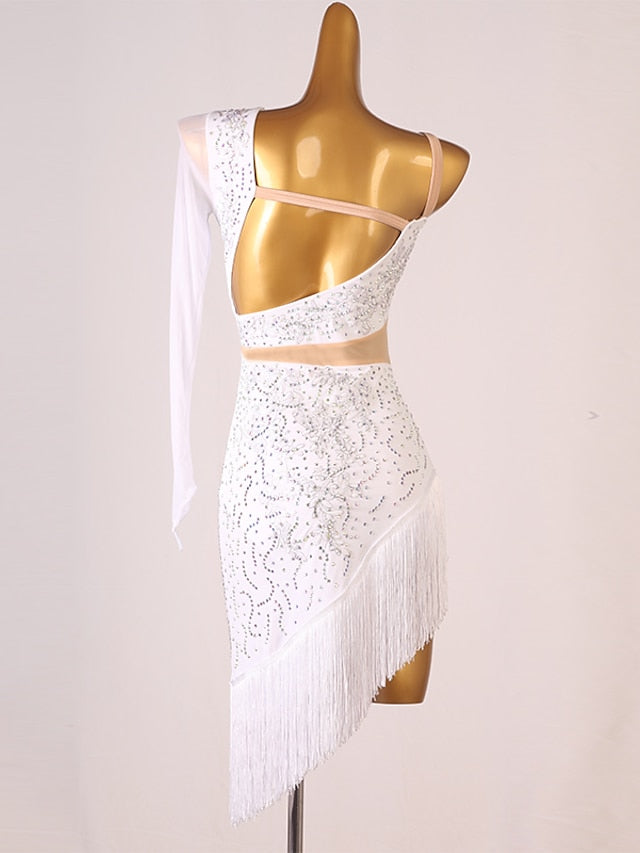 Latin Dance Dress Tassel Split Joint Crystals / Rhinestones Women's Performance Training Long Sleeve Chinlon Mesh - LuckyFash™