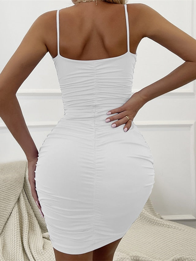 Women's Dress - Bodycon Sheath Dress Slip Dress Mini Dress Black White Wine Sleeveless Pure Color Ruched Spring Summer V Neck Stylish Weekend Slim 2023 XS S M L