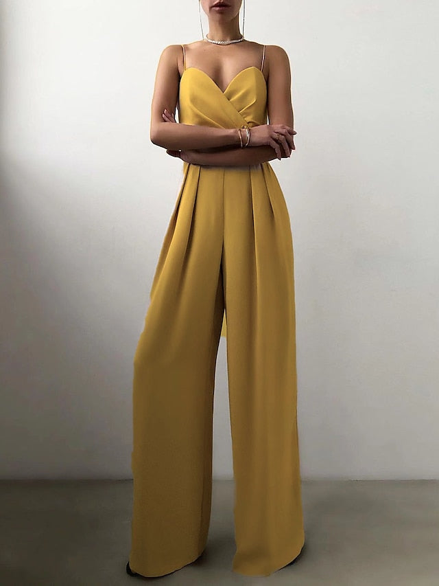 Women's Summer V Neck Spaghetti Straps Elegant Wedding Party Jumpsuit High Waist Wide Leg Pleated Long Pants Casual Rompers with Pockets - LuckyFash™
