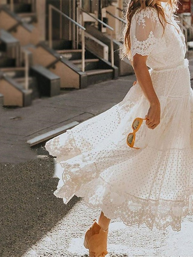 Women's Dress - Party Dress Lace Dress Swing Dress Long Dress Maxi Dress White Short Sleeve Pure Color Lace Summer Spring V Neck Elegant 2023 S M L XL XXL 3XL
