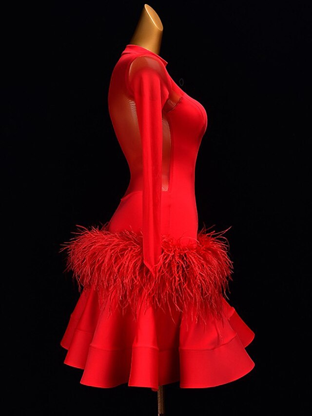 Latin Dance Ballroom Dance Latin Salsa Dance Dress Feathers Rhinestone Women's Girls' Training Performance Long Sleeve - LuckyFash™