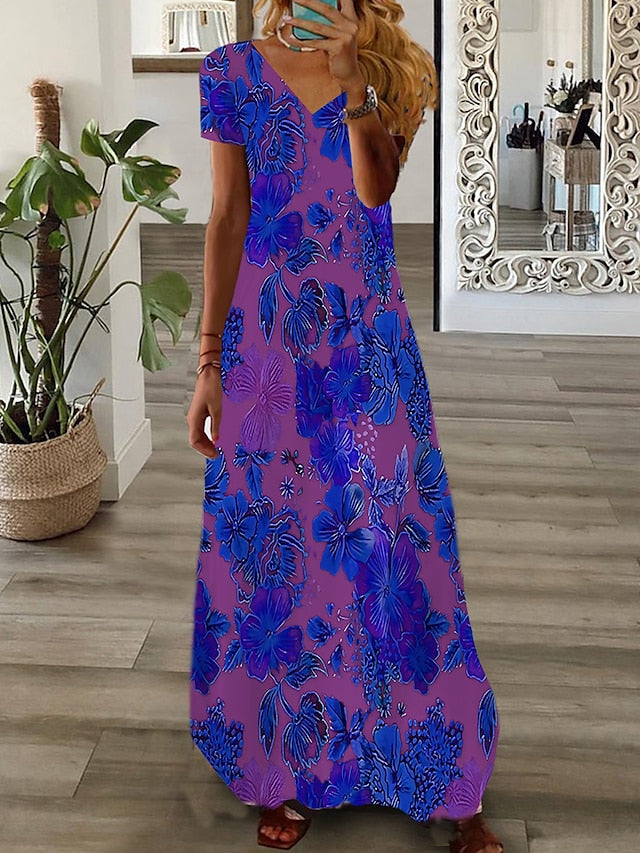 Women's Dress - Long Dress Maxi Dress Casual Dress Print Dress Graphic Floral Fashion Modern Daily Holiday Vacation Short Sleeve V Neck Dress Regular Fit White Pink Wine Summer Spring S M L XL 2XL 3XL 4XL 5XL