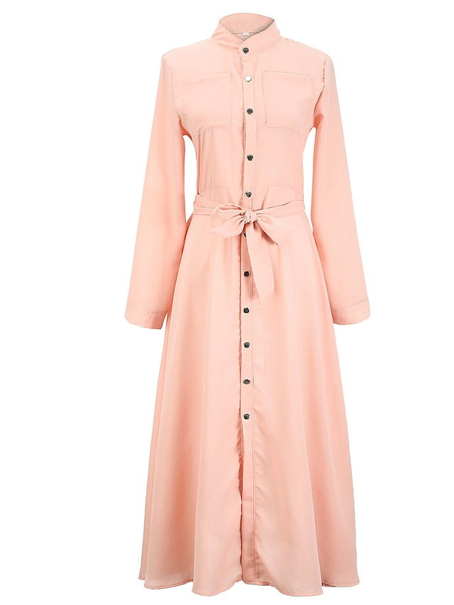 Women's Dress - Shirt Dress Chiffon Dress Swing Dress Maxi long Dress Formal Winter Dress Causal Polyester Fashion Elegant Stand Collar Pleated Button Long Sleeve Spring Fall Winter 2023 Regular Fit Black