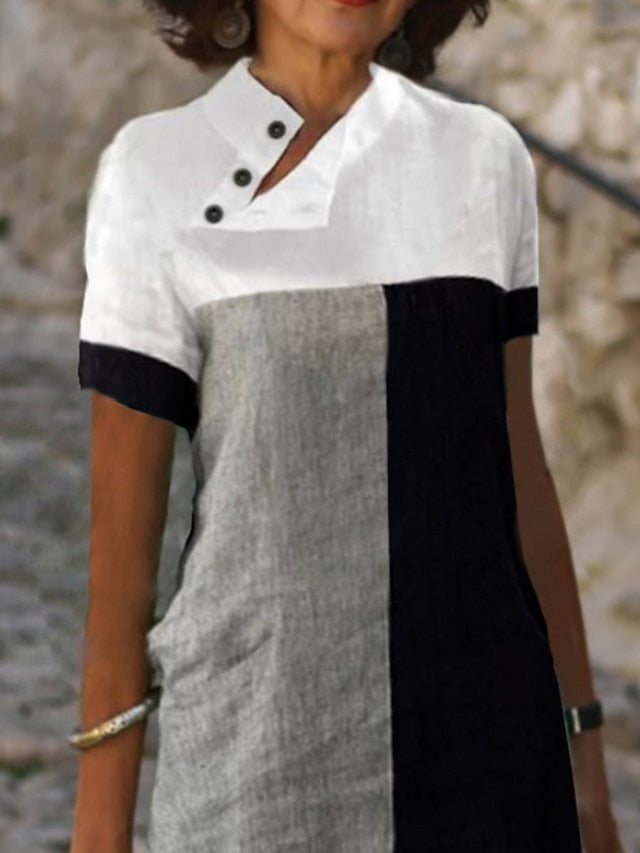Women's Dress - Casual Dress Cotton Linen Dress Shift Dress Midi Dress Cotton Blend Modern Casual Daily Vacation V Neck Patchwork Button Short Sleeve Summer Spring 2023 Regular Fit White Color Block S M L XL