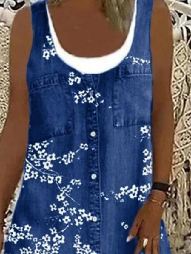 Women's Dress - Denim Dress Casual Dress Mini Dress Blue Dusty Blue Light Blue Sleeveless Floral Patchwork Summer Spring U Neck Fashion Vacation Loose Fit 2023 S M L XL XXL 3XL 4XL 5XL