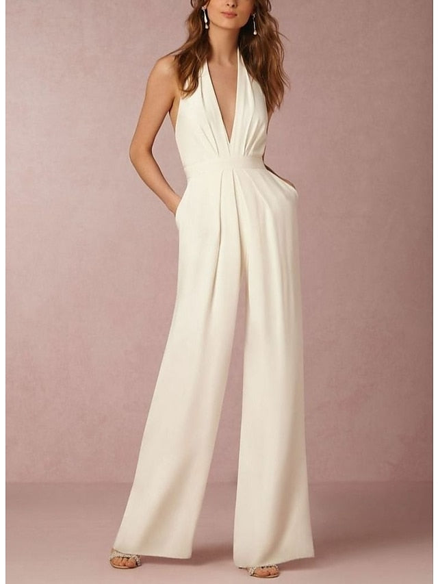 Jumpsuits for Women Sexy Neck Deep V Wide Leg Clean Fit Elegant Party Wedding Holiday Halter Green White Black Solid Color Backless Zipper - LuckyFash™