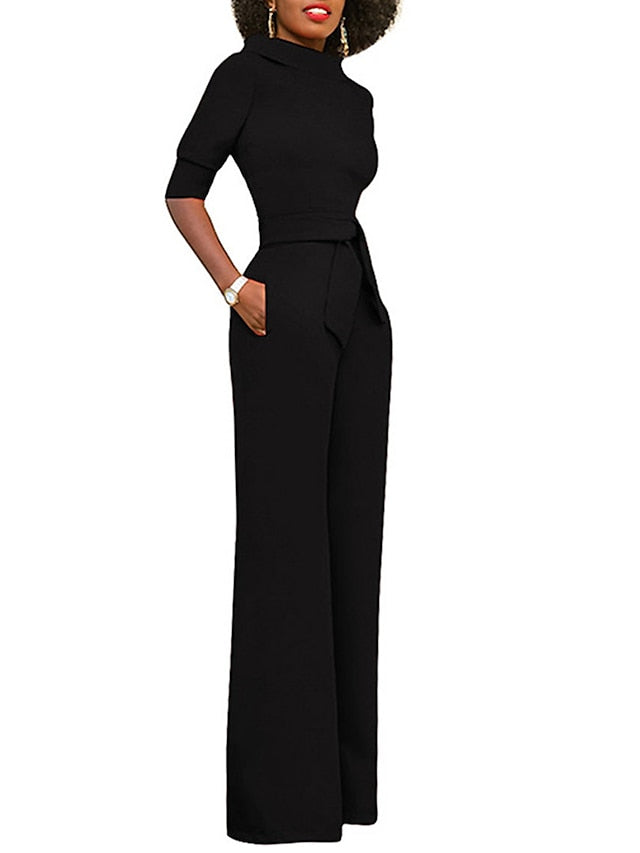 Jumpsuits for Women Summer Dressy Clean Fit Pocket High Waist Solid Color Stand Collar Business Office Work Regular Fit Half Sleeve Black White Yellow S M L - LuckyFash™