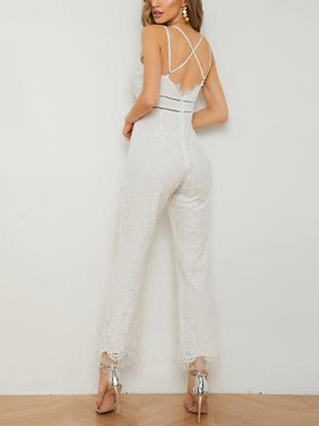 Women‘s Casual Party Street Holiday Deep V 2023 White Black Wine Jumpsuit Solid Color Zipper - LuckyFash™