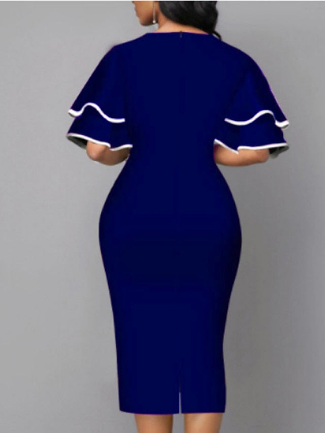 Women's Dress - Bodycon Sheath Dress Modern Dress Midi Dress Yellow Wine Royal Blue Half Sleeve Print Ruffle Summer Spring V Neck Stylish 2023 S M L XL XXL 3XL 4XL 5XL