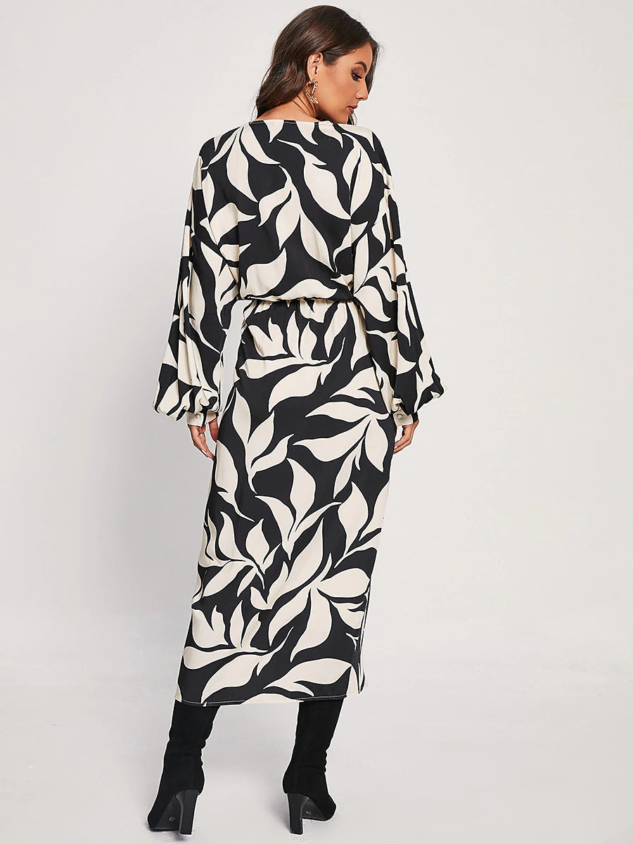 Leaf Floral Wrap Dress Tencel Midi Dress Black And White Print